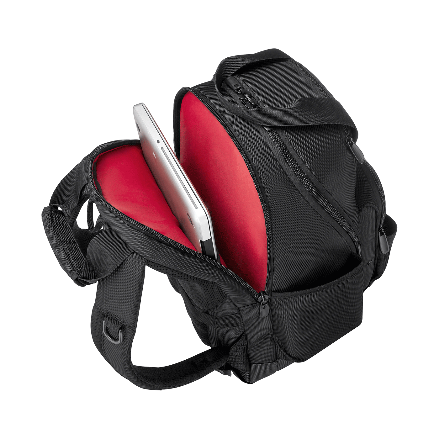 Black backpack with red lining and laptop inside