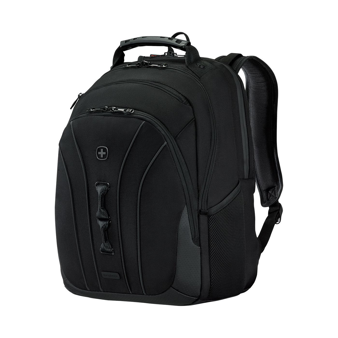 Black backpack with zippers and handle, perfect for travel and everyday use.