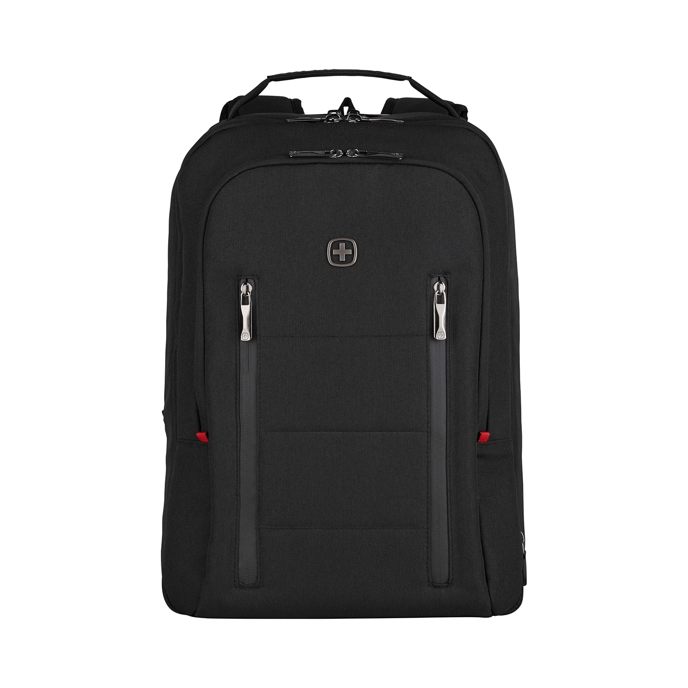 Black backpack with zippers and logo on a black background, front view.