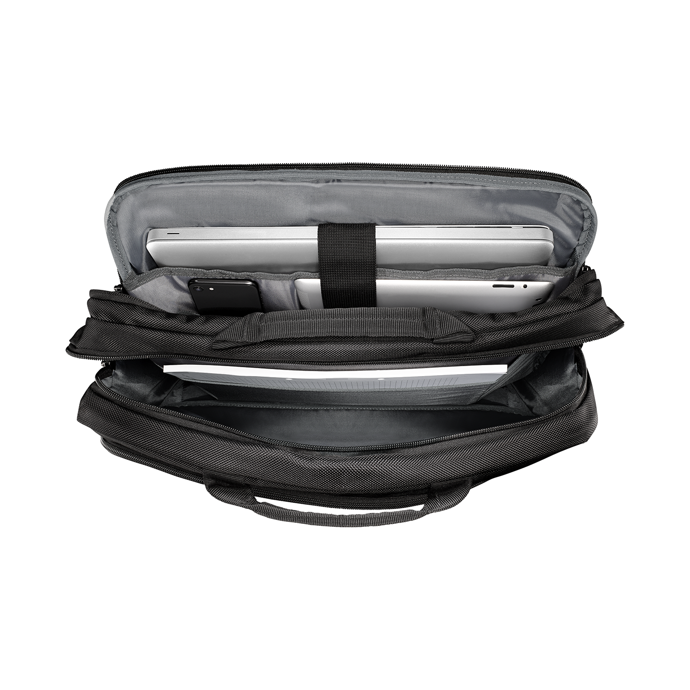 Black laptop bag, open, with laptop, tablet, and phone inside