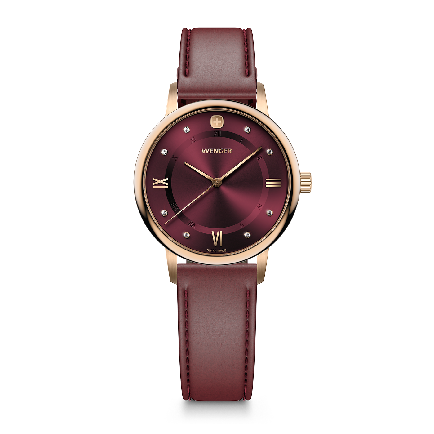 A burgundy Wenger women's watch with gold accents and leather strap