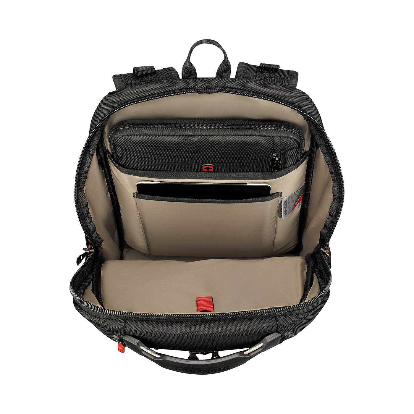 Black backpack with open zipper, interior compartments, and red accent details