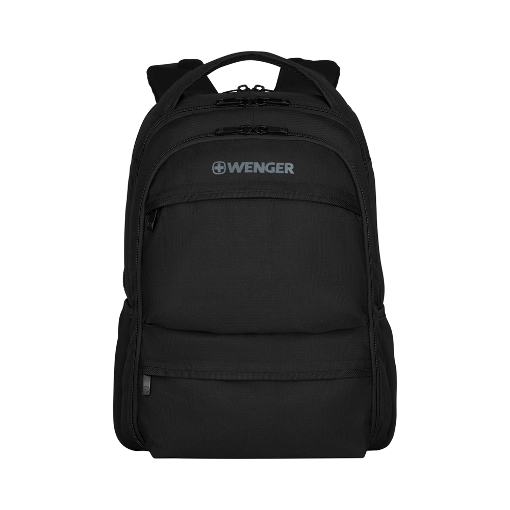 Black Wenger backpack with zippers and logo on a black background.