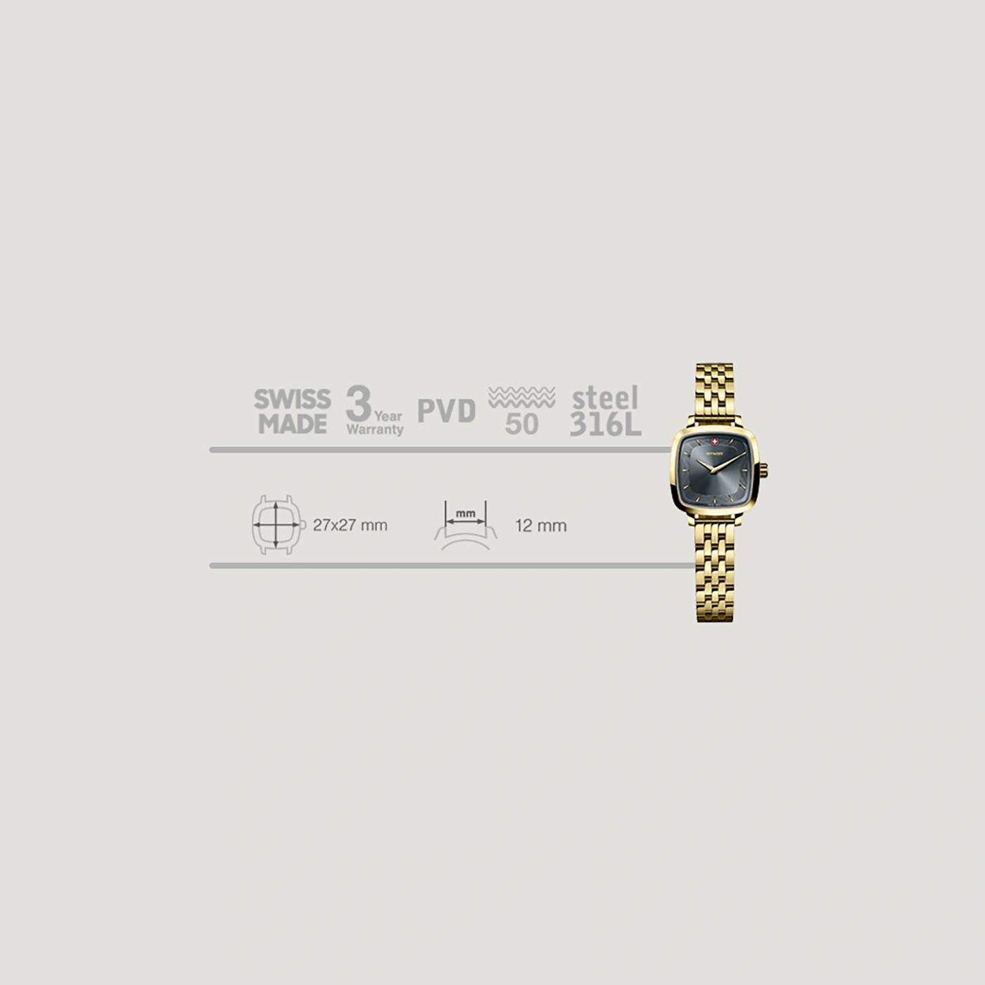 Goldene Damenuhr mit quadratischem Zifferblatt und Armband, Swiss Made.