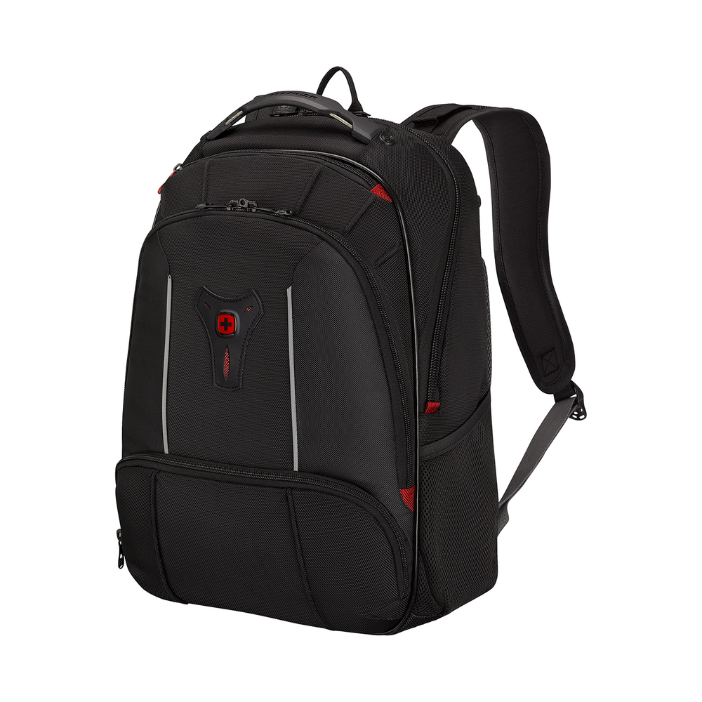 Black backpack with red accents and a Swiss cross logo on the front