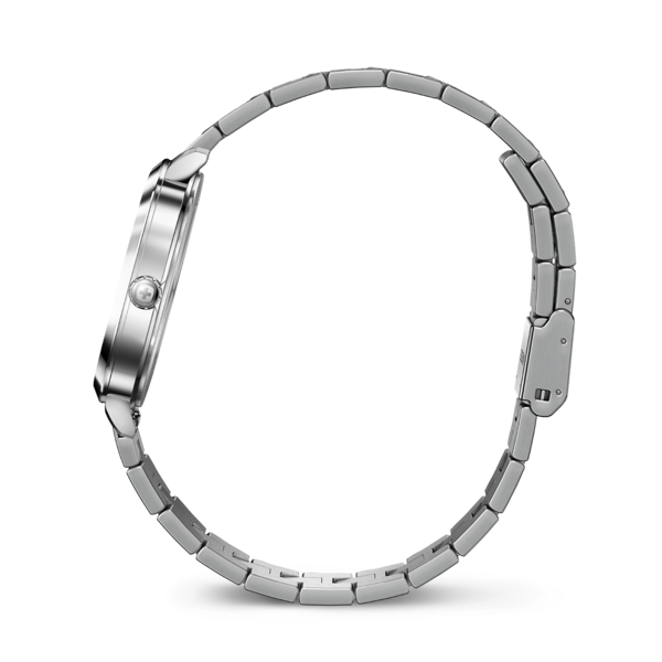 Silver watch with metal band, side view, elegant, modern accessory, timepiece