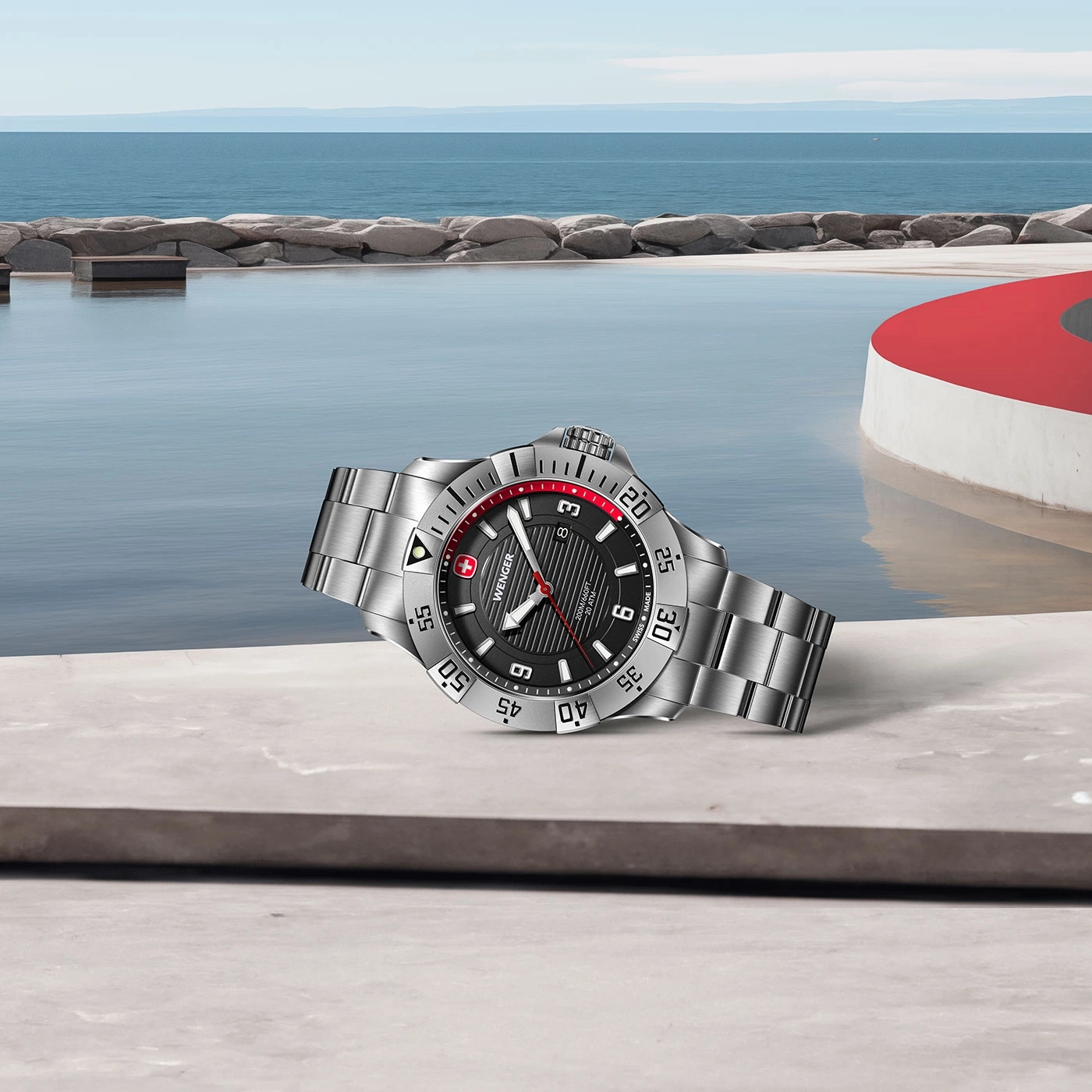 Watch on a surface with water and sky in the background, a beautiful scene.