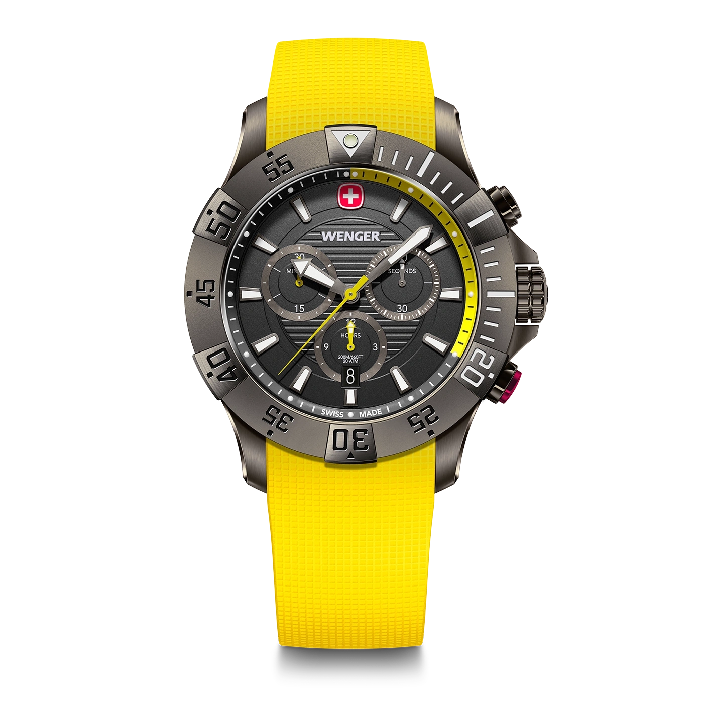 Wenger watch with yellow strap and black dial, Swiss made design, chronograph.