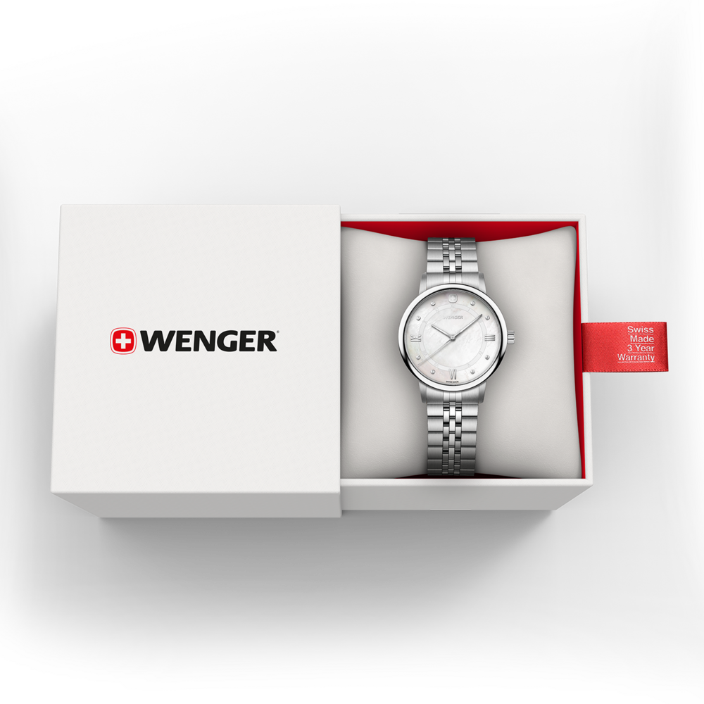 Wenger watch in white gift box with red warranty tag