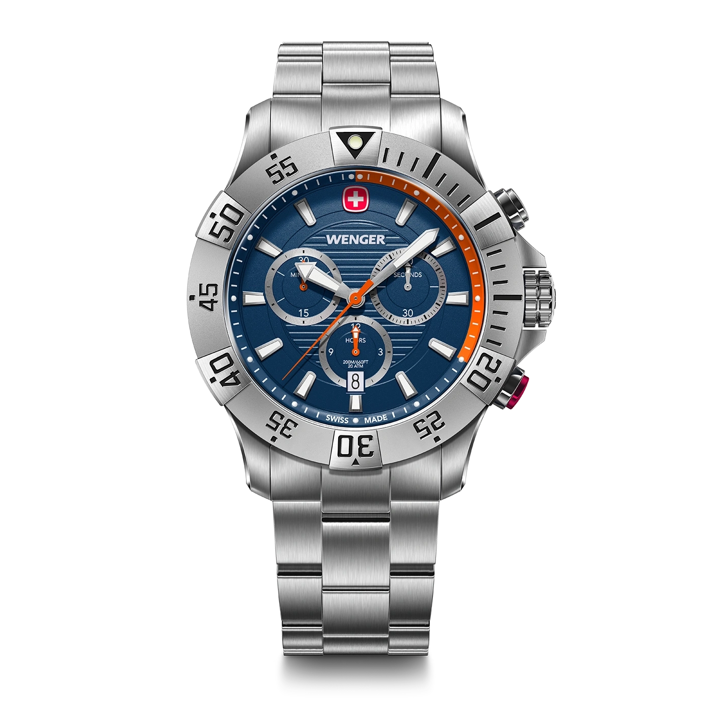 Wenger watch, blue dial, silver bracelet, chronograph, Swiss made watch