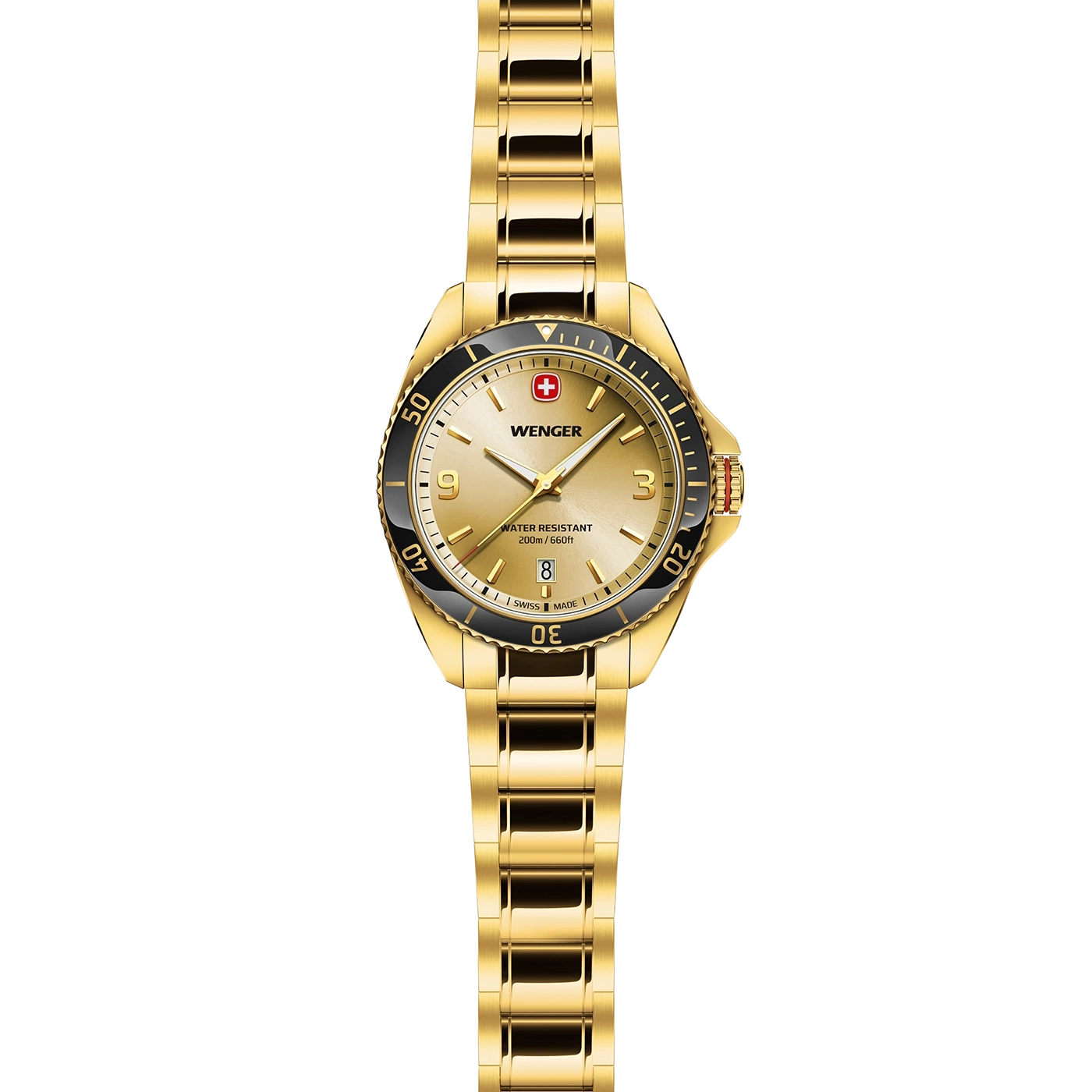 Golden Wenger watch with black bezel and date display. Swiss made design.