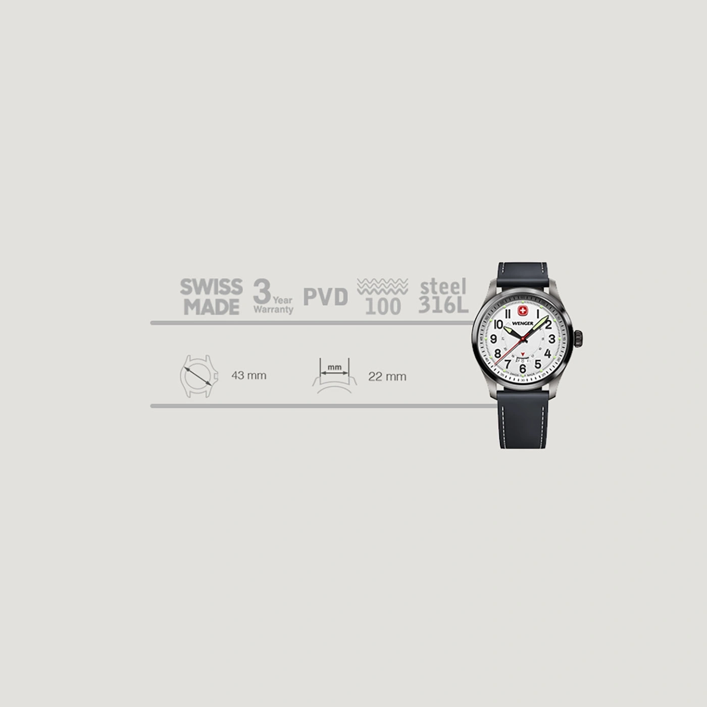Swiss watch with black leather strap, 3 year warranty, steel case, PVD 100 316L.