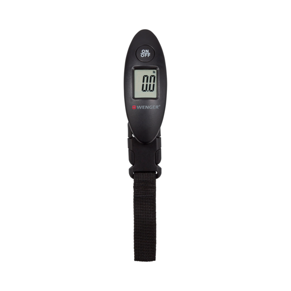 Black luggage scale with digital display and Wenger logo
