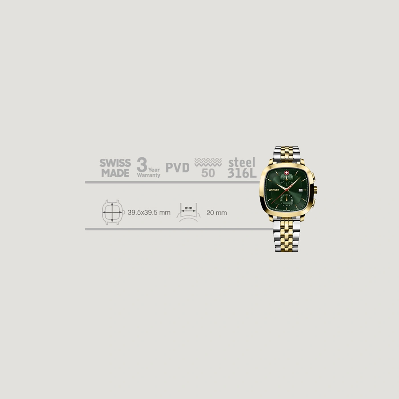 Wenger Uhr mit grünen Zifferblatt, goldfarbenem Gehäuse und Armband, Details.