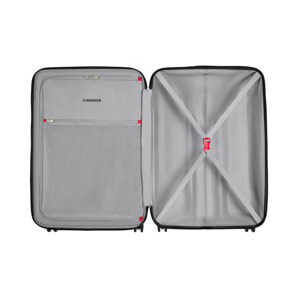 Open suitcase with gray interior, red accents, and Wenger branding. Travel luggage.