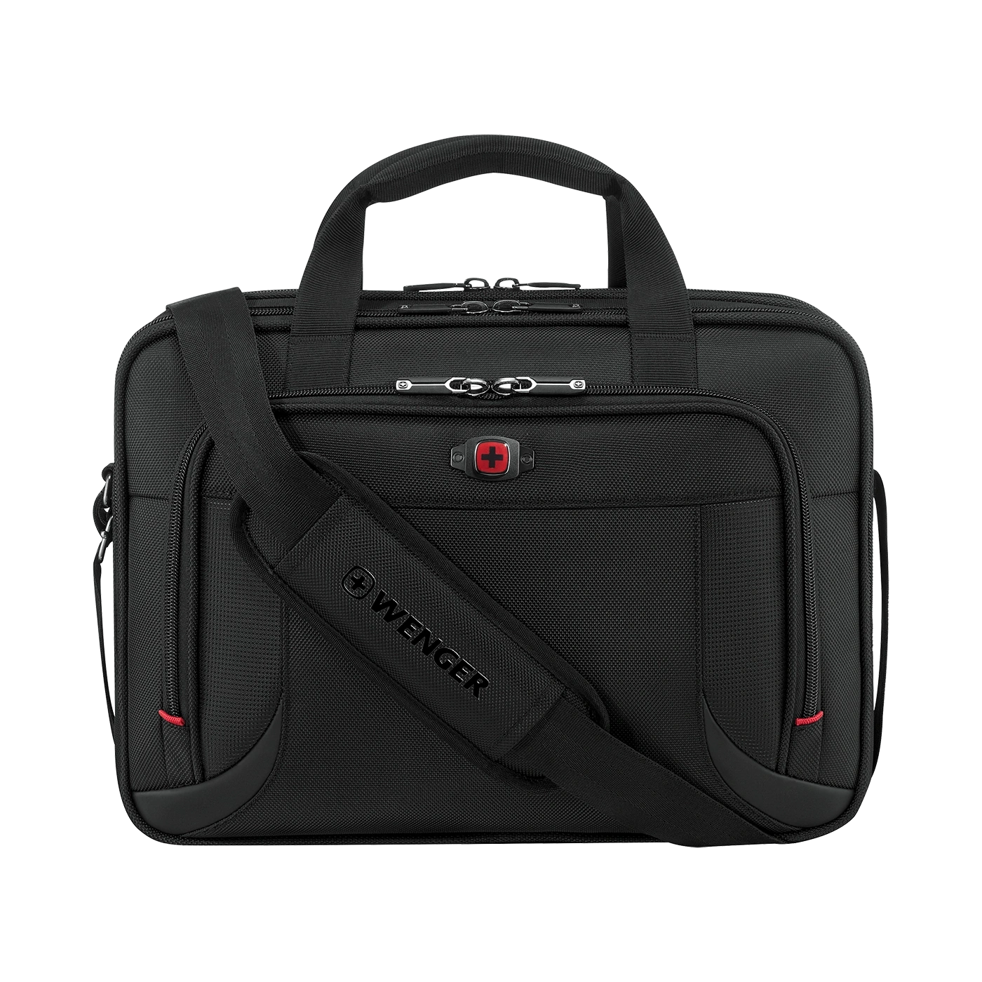 Black Wenger briefcase with shoulder strap and red accent details on the bag