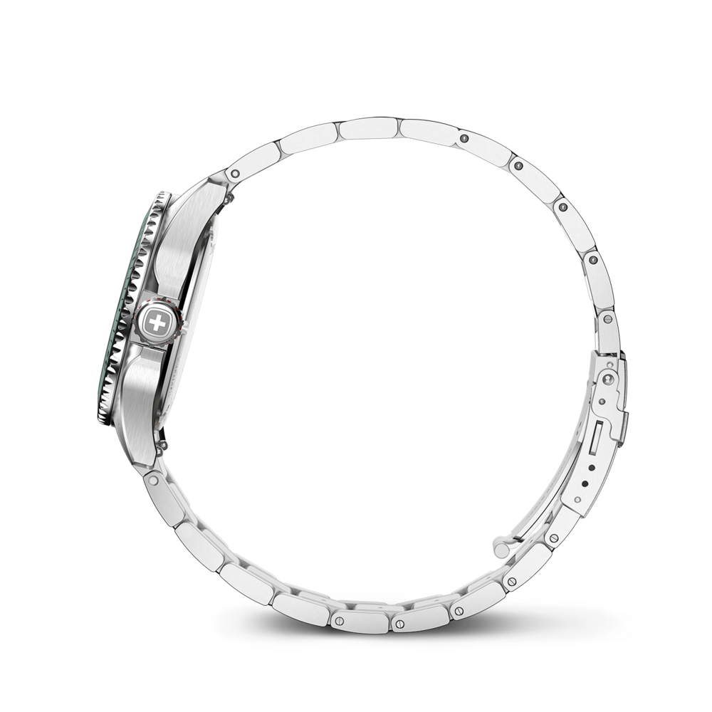 A close-up of a silver metal watch bracelet forming a circle.