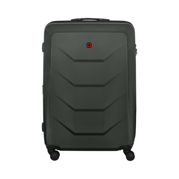 Dark green suitcase with red cross. Luggage for travel and vacation.