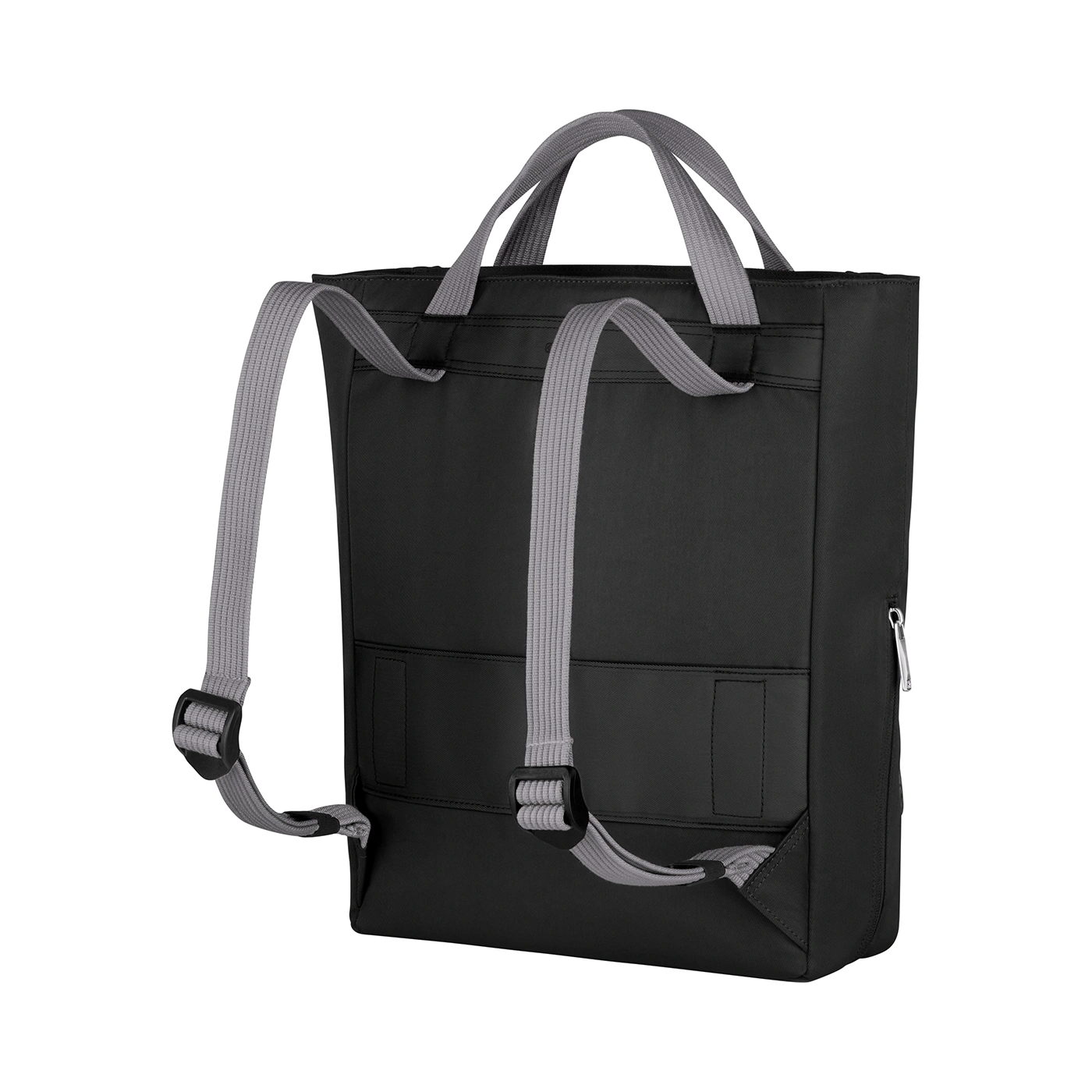 Black backpack with gray straps and handles isolated on a black background.
