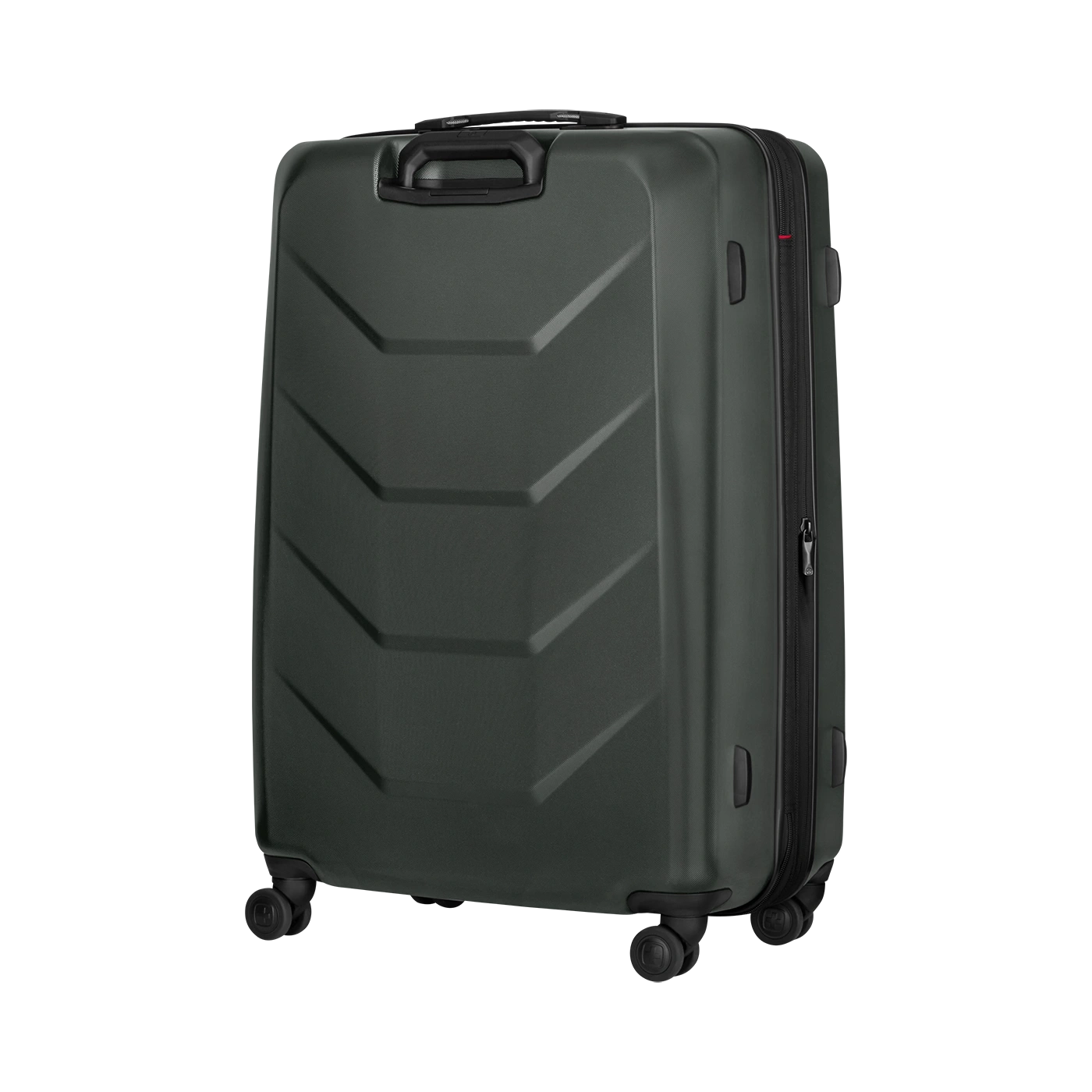 Dark green suitcase with handle and wheels, for travel and luggage transport.