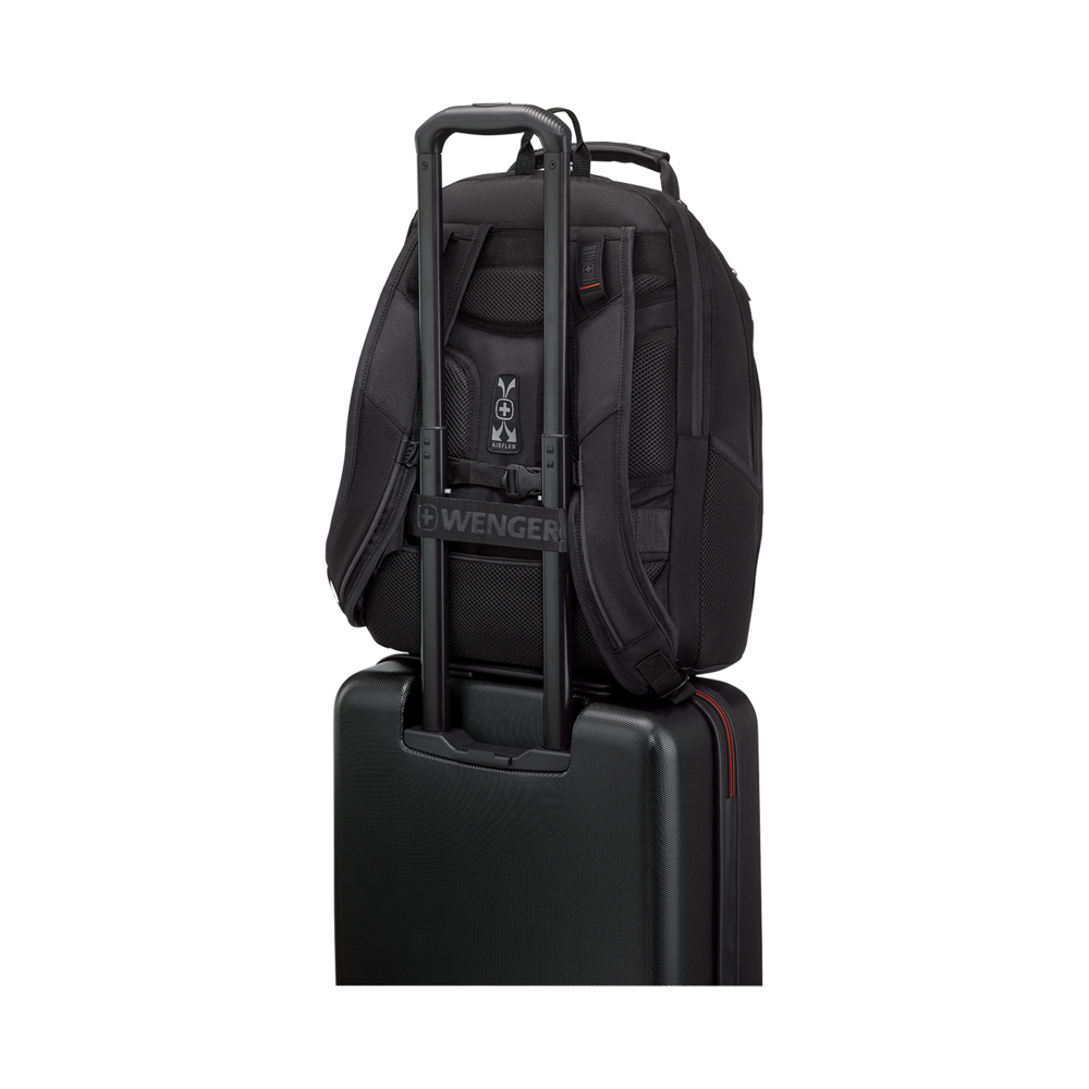 Black backpack on black suitcase with handle, Wenger logo, travel luggage.