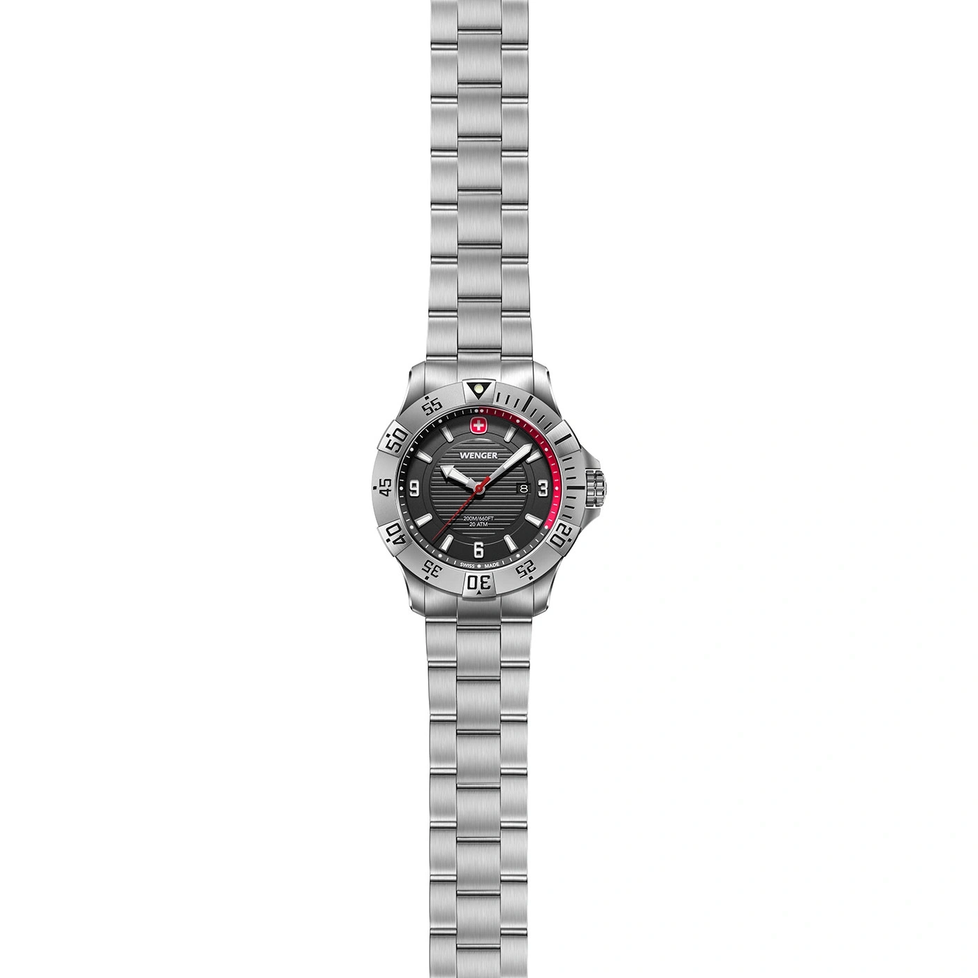 Wenger watch, silver bracelet, black dial, red accents, 20 ATM, Swiss Made, stainless steel.