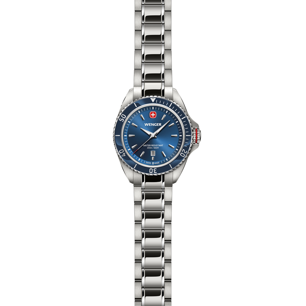 A beautiful silver Wenger diving watch with a blue dial and metal bracelet.