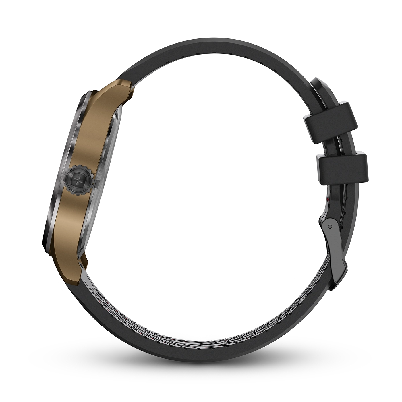 Watch with gold case and black strap on a black background, side view
