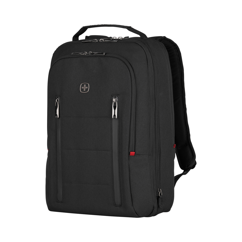 Black backpack with zippers and logo on a black background, modern design.