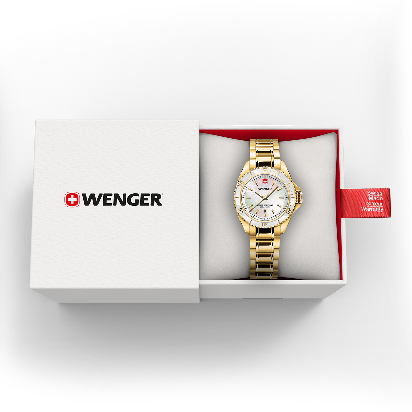 Wenger gold watch with white dial in its box with warranty tag.