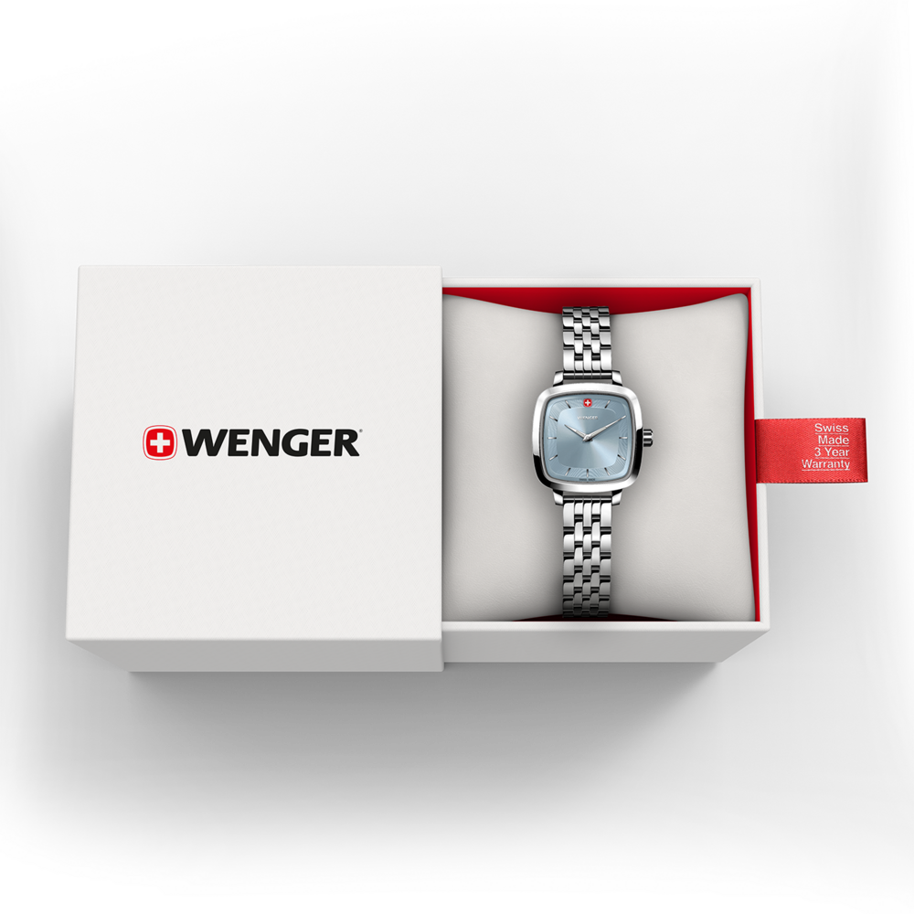Wenger watch in a box with a red tag and a 3-year warranty.