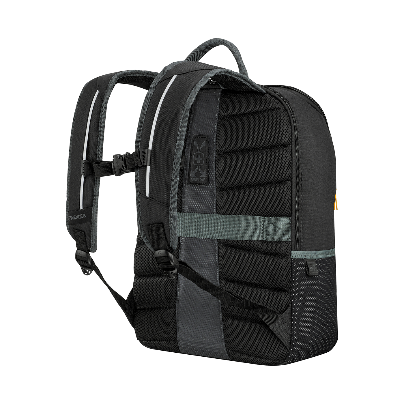 Black backpack with airflow system and reflective stripes, Wenger brand, side view.
