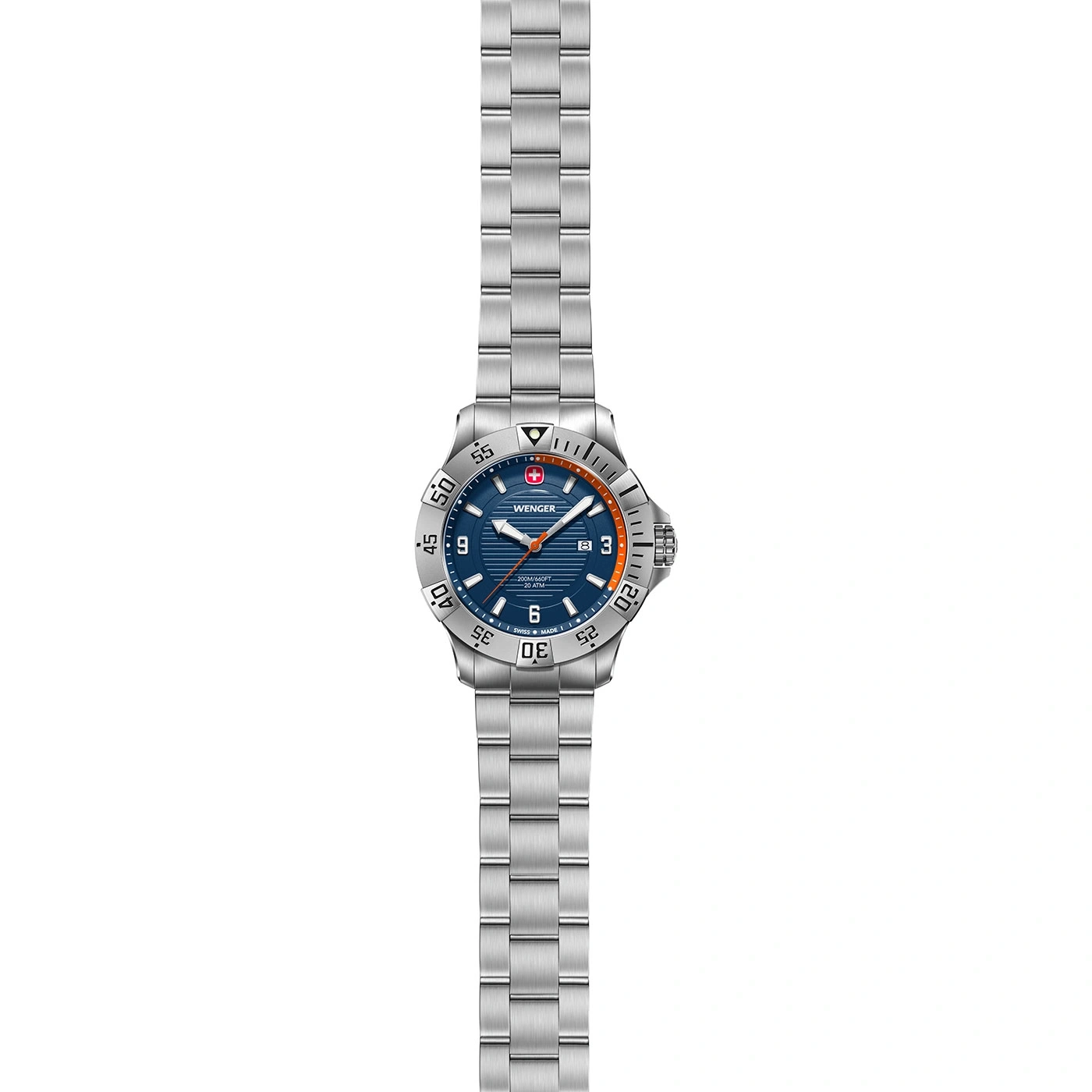 Wenger watch with blue face and silver band, close-up shot of the watch
