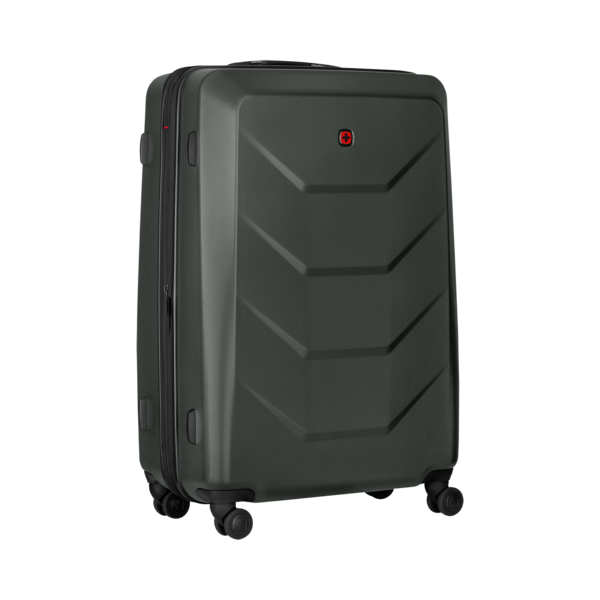 Dark green suitcase with red logo and black zipper, ready for travel.