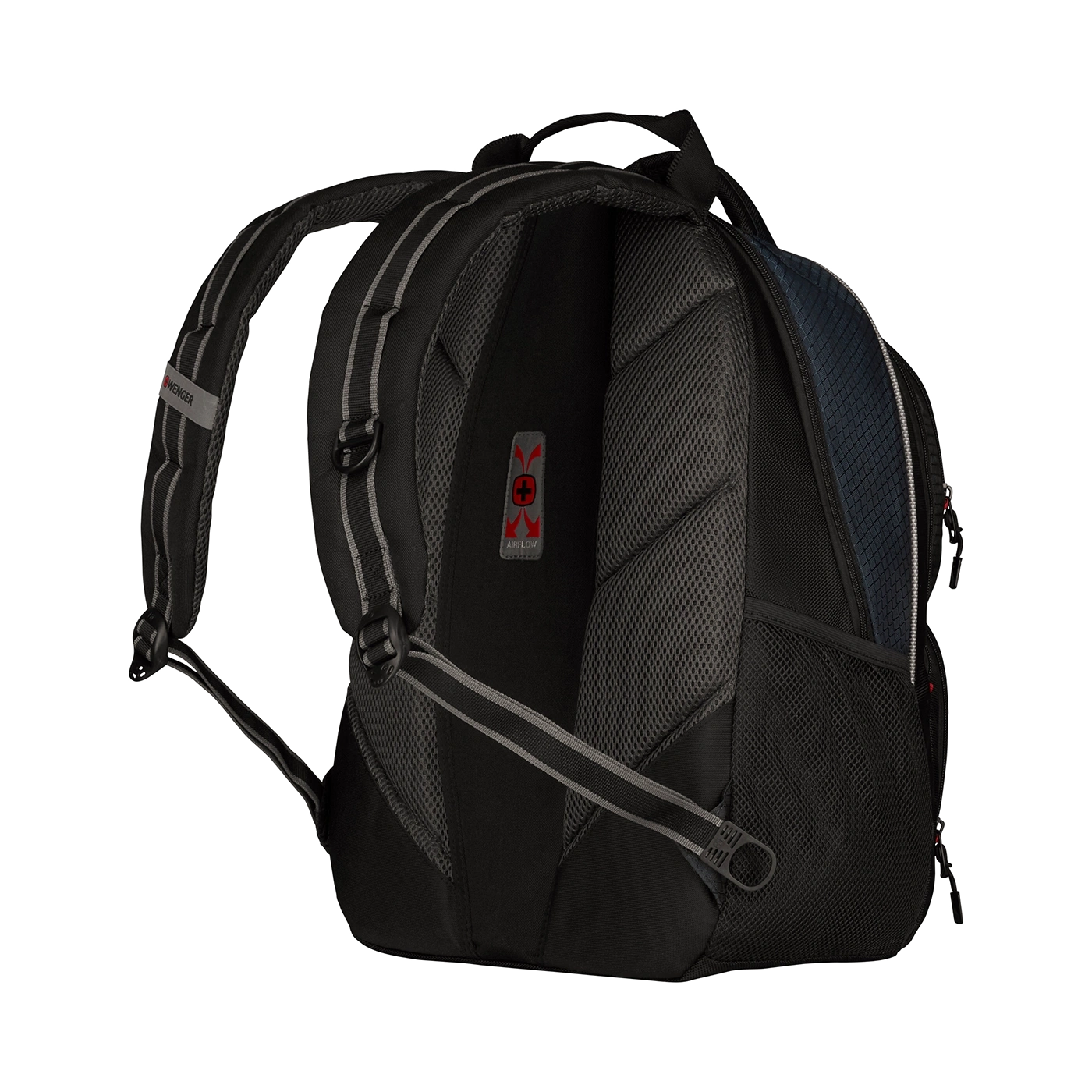 Black backpack with airflow system and Wenger logo, detailed shot