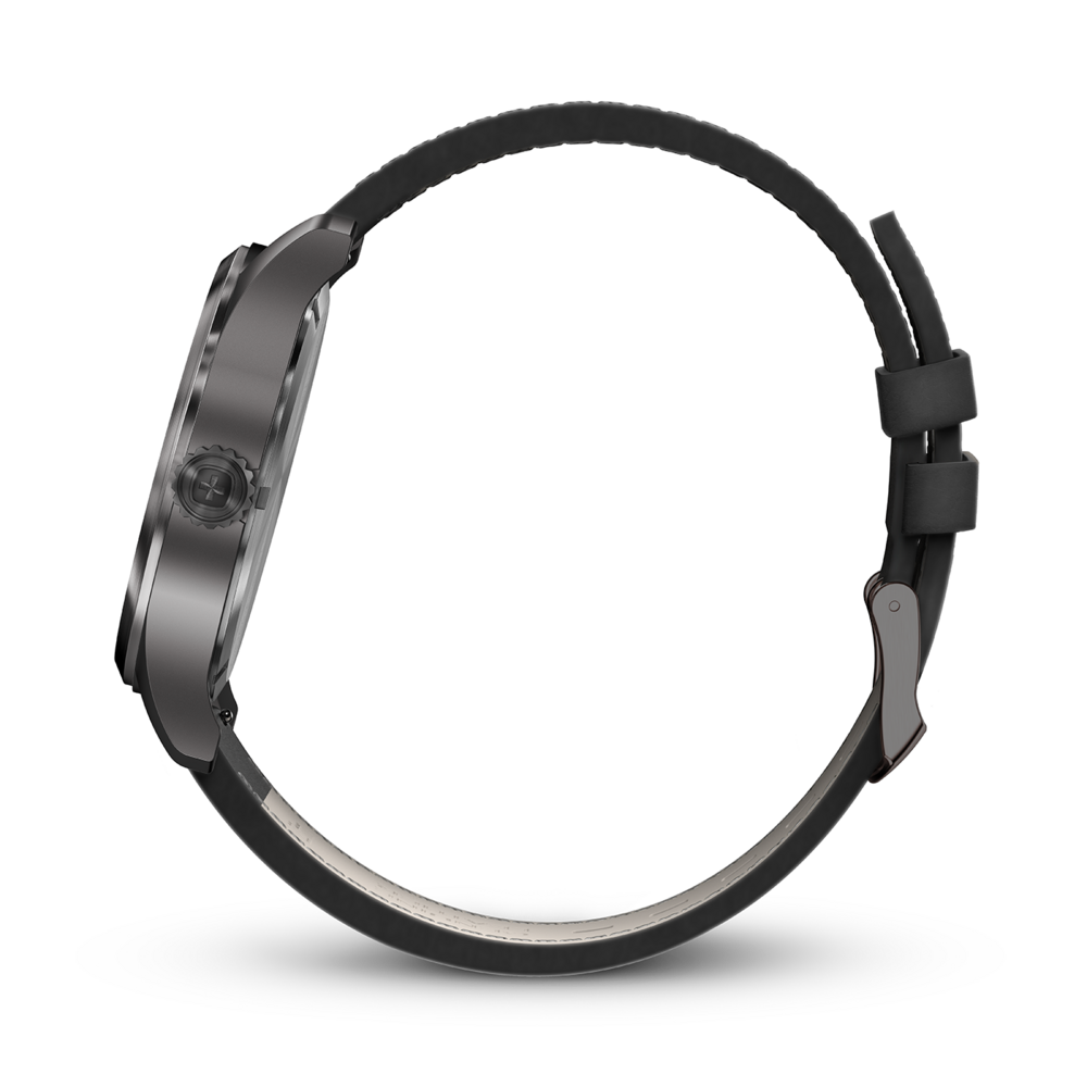 Side view of a watch with a black strap on a black background, close-up shot