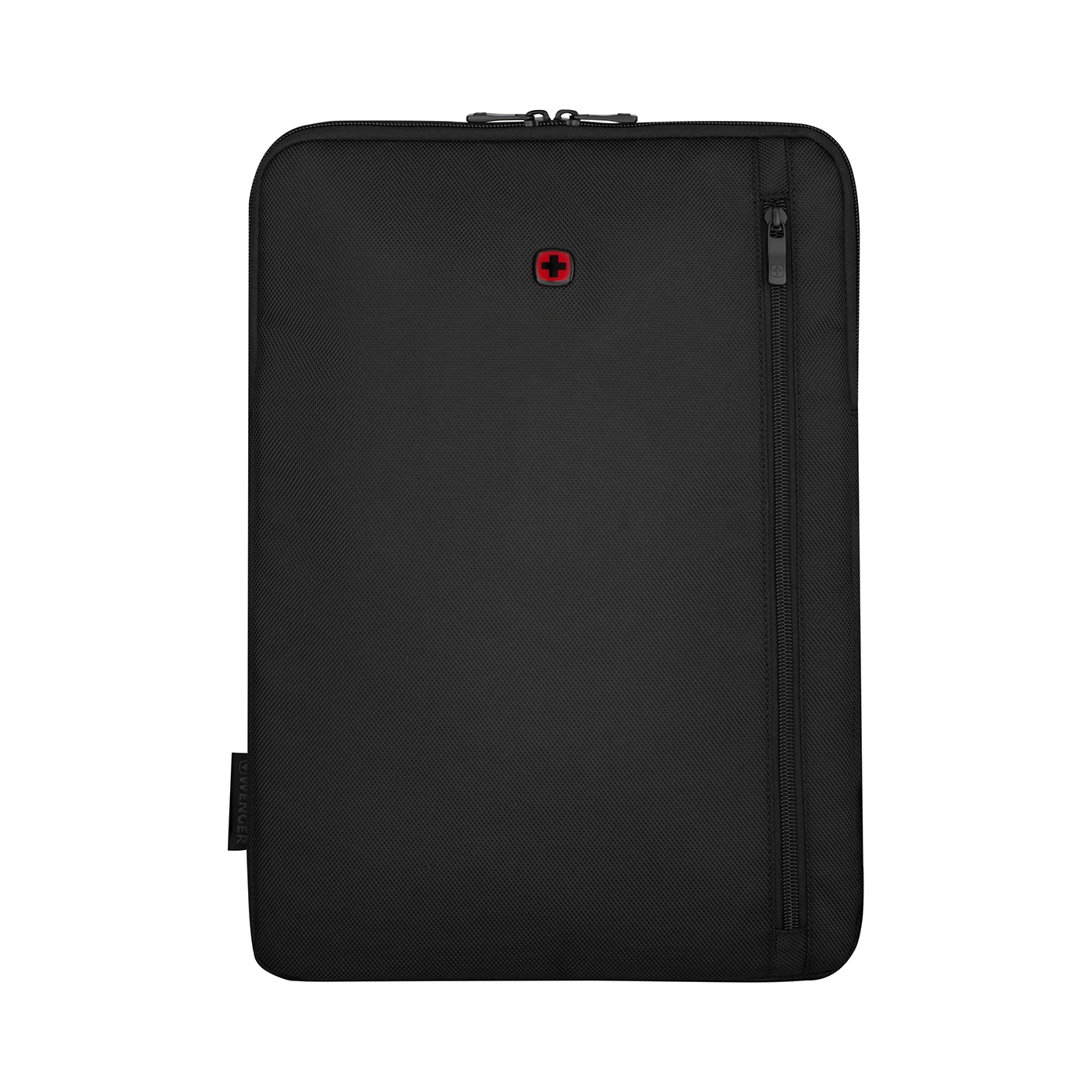 Black laptop sleeve with zipper and red cross on a black background. Wenger brand.