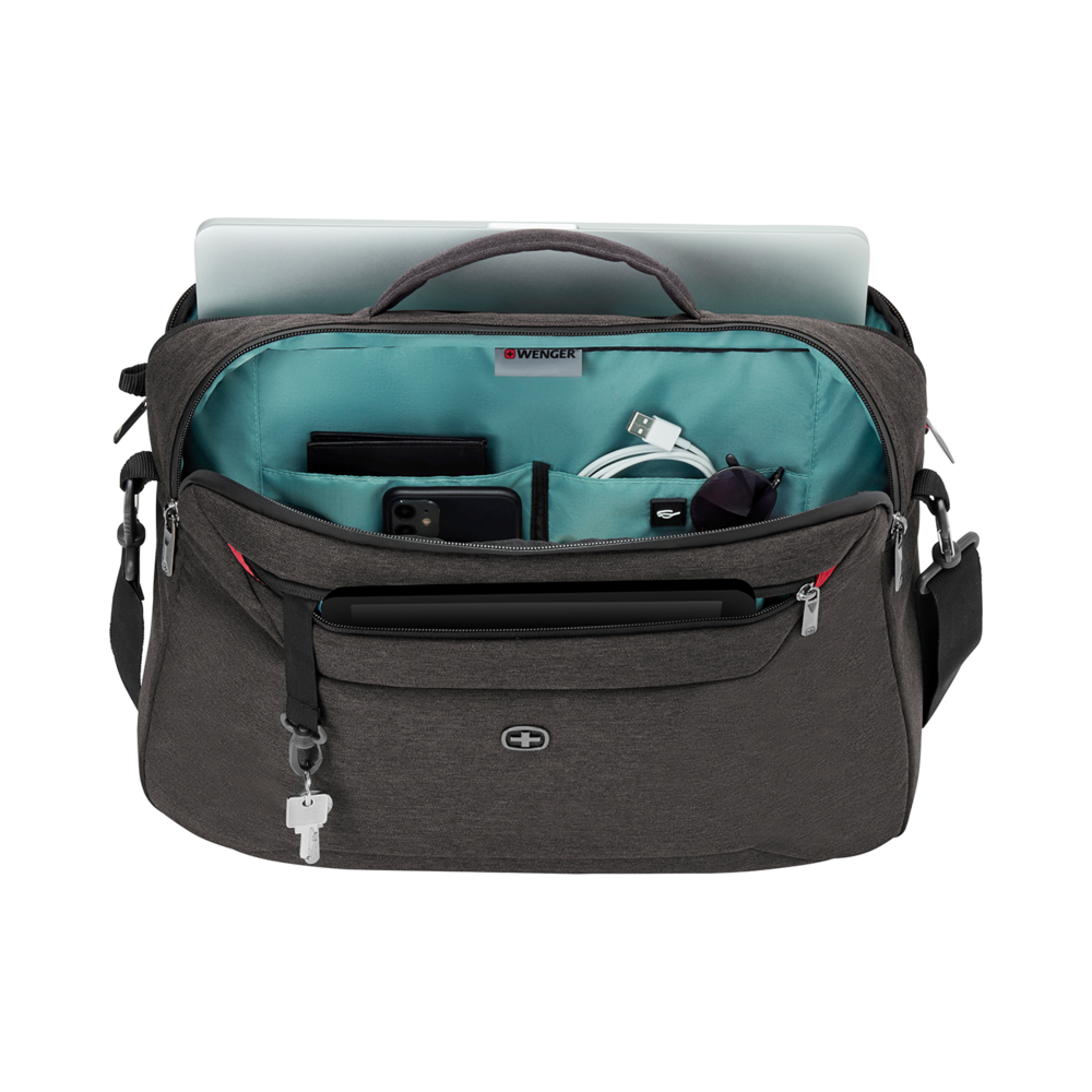 Open bag with laptop, phone, sunglasses, and key chain inside the bag.