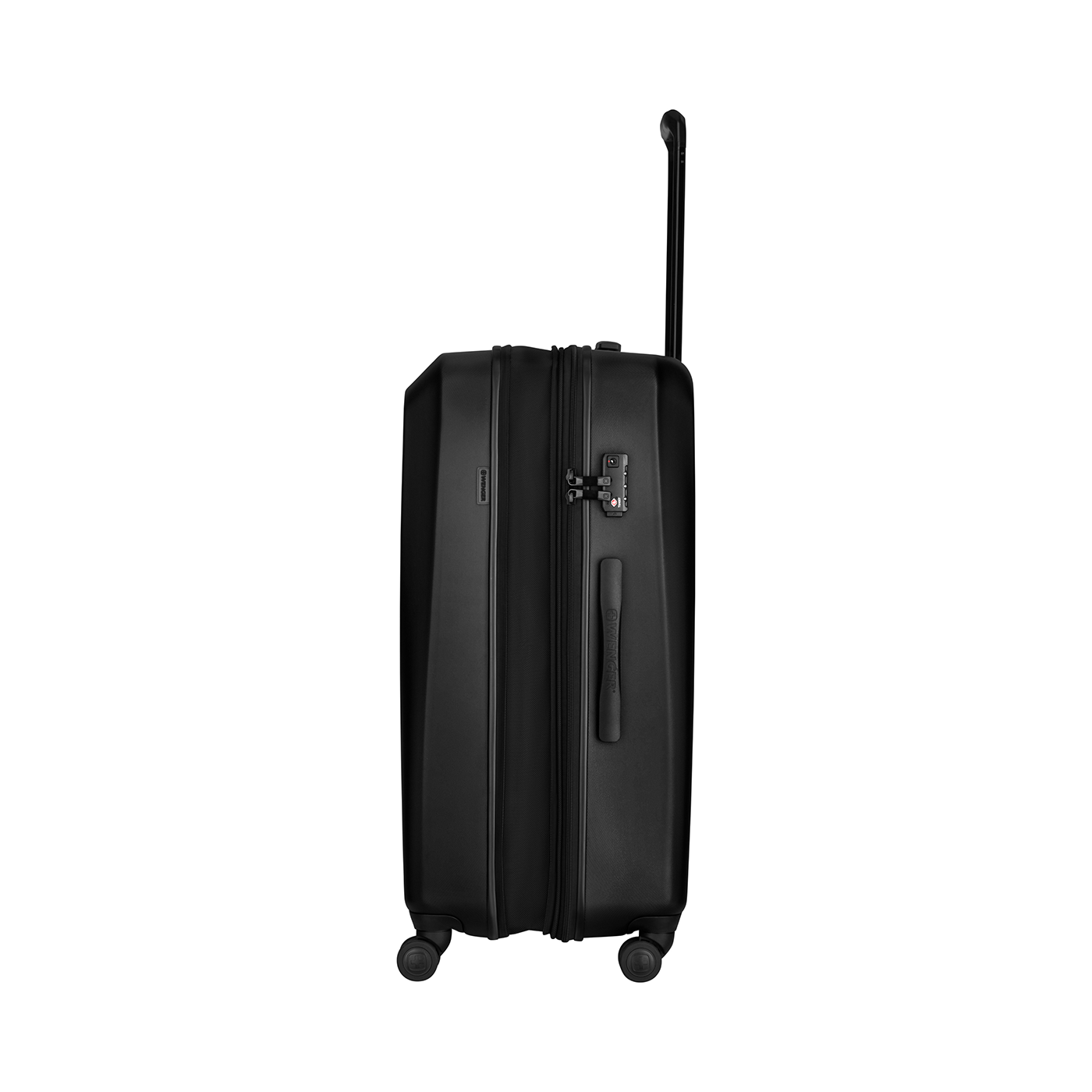 Black suitcase with handle and wheels, ready for travel and adventure.
