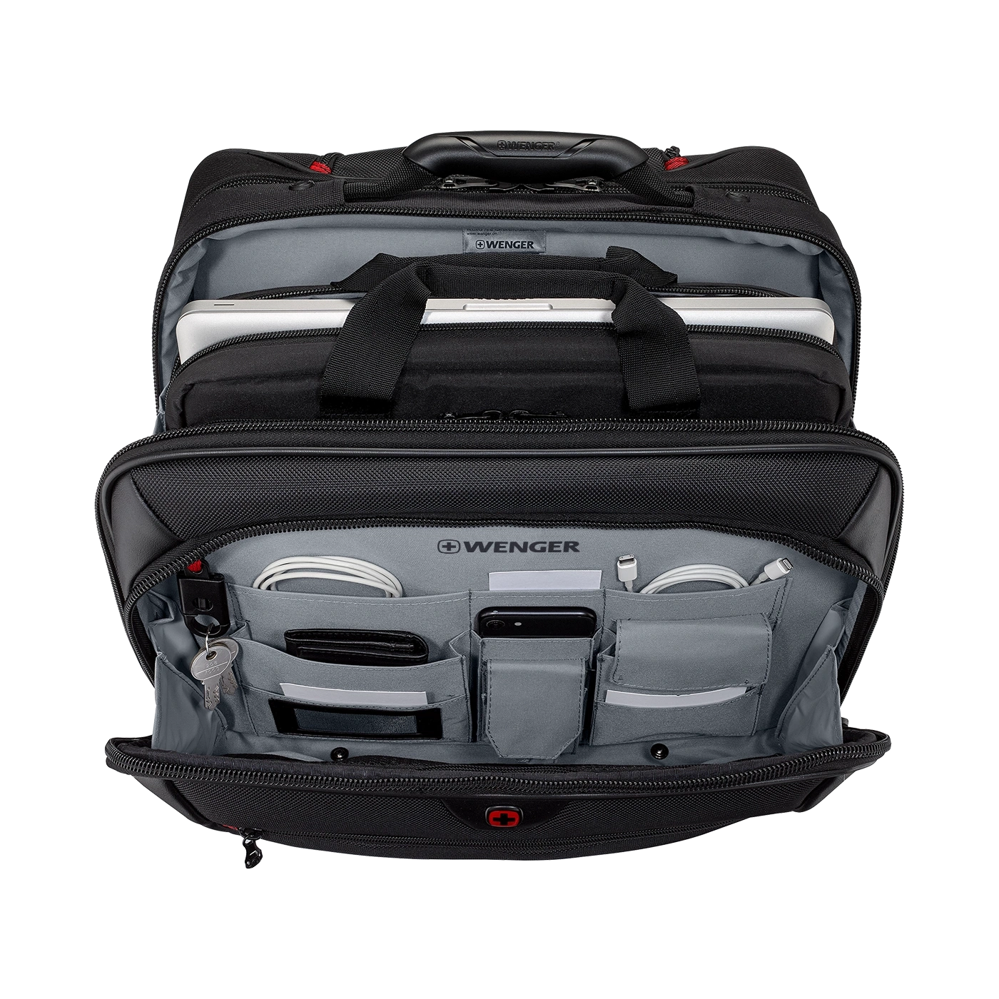 Black Wenger bag with laptop, cables, keys, and smartphone inside.