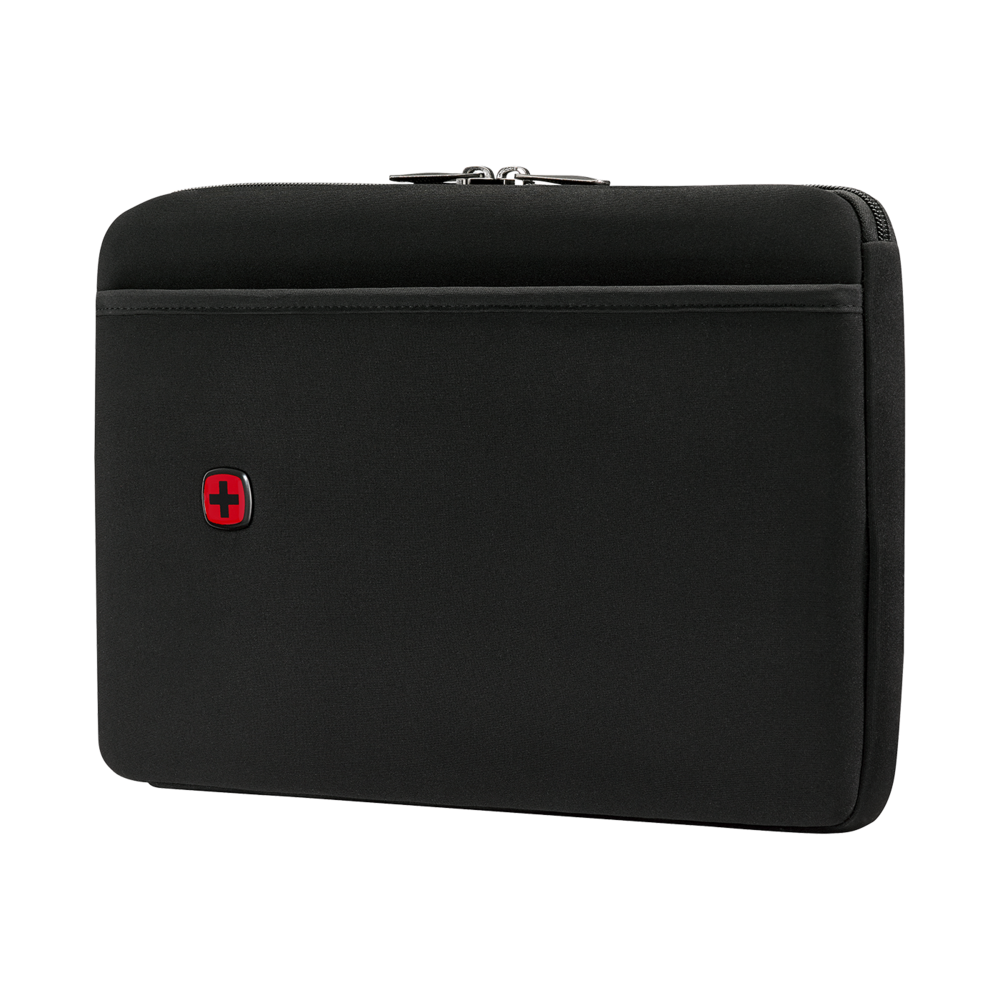 Black laptop sleeve with zipper and red logo, Wenger brand, for computer protection.