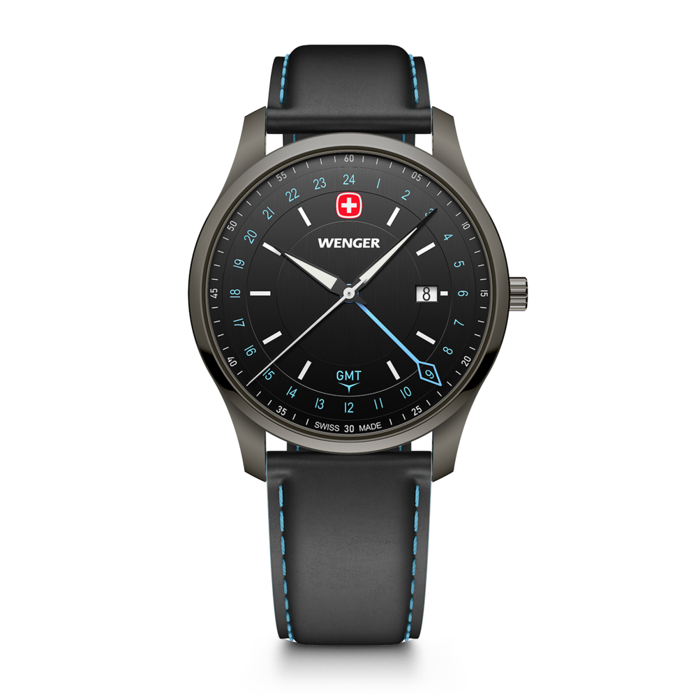 A men's wristwatch with a black dial and leather strap.