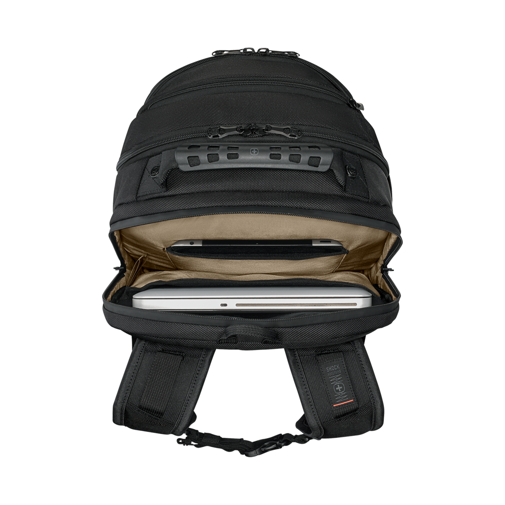 Black backpack with laptop and tablet, open, detail view, close-up shot