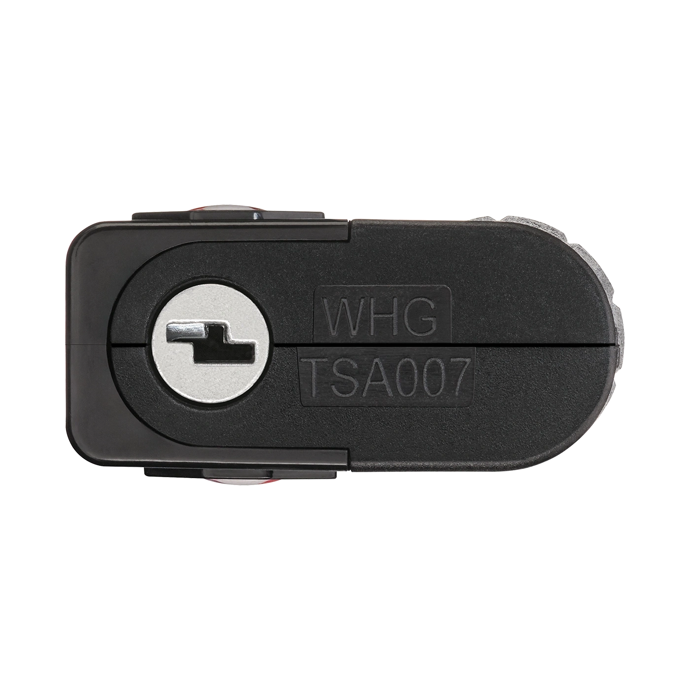 Black padlock with WHG TSA007 print and keyhole, close-up shot