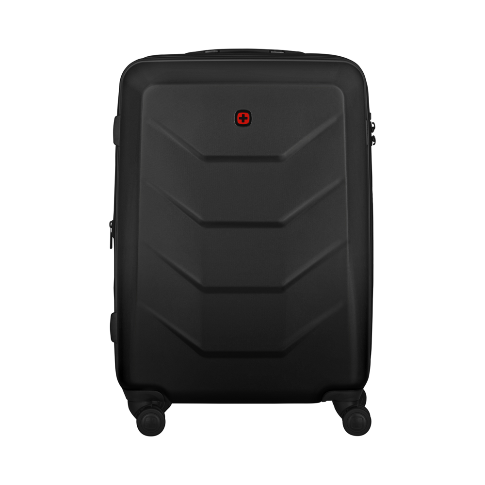 Black suitcase with red logo on black background. Luggage for travel.