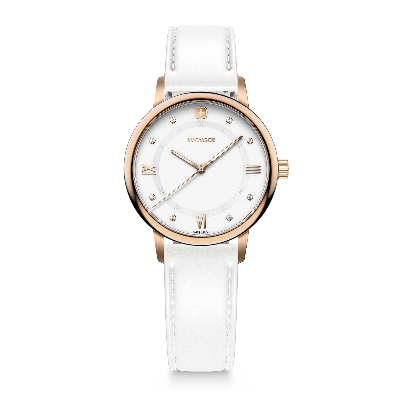 An elegant white Wenger ladies watch with rose gold accents and Roman numerals.