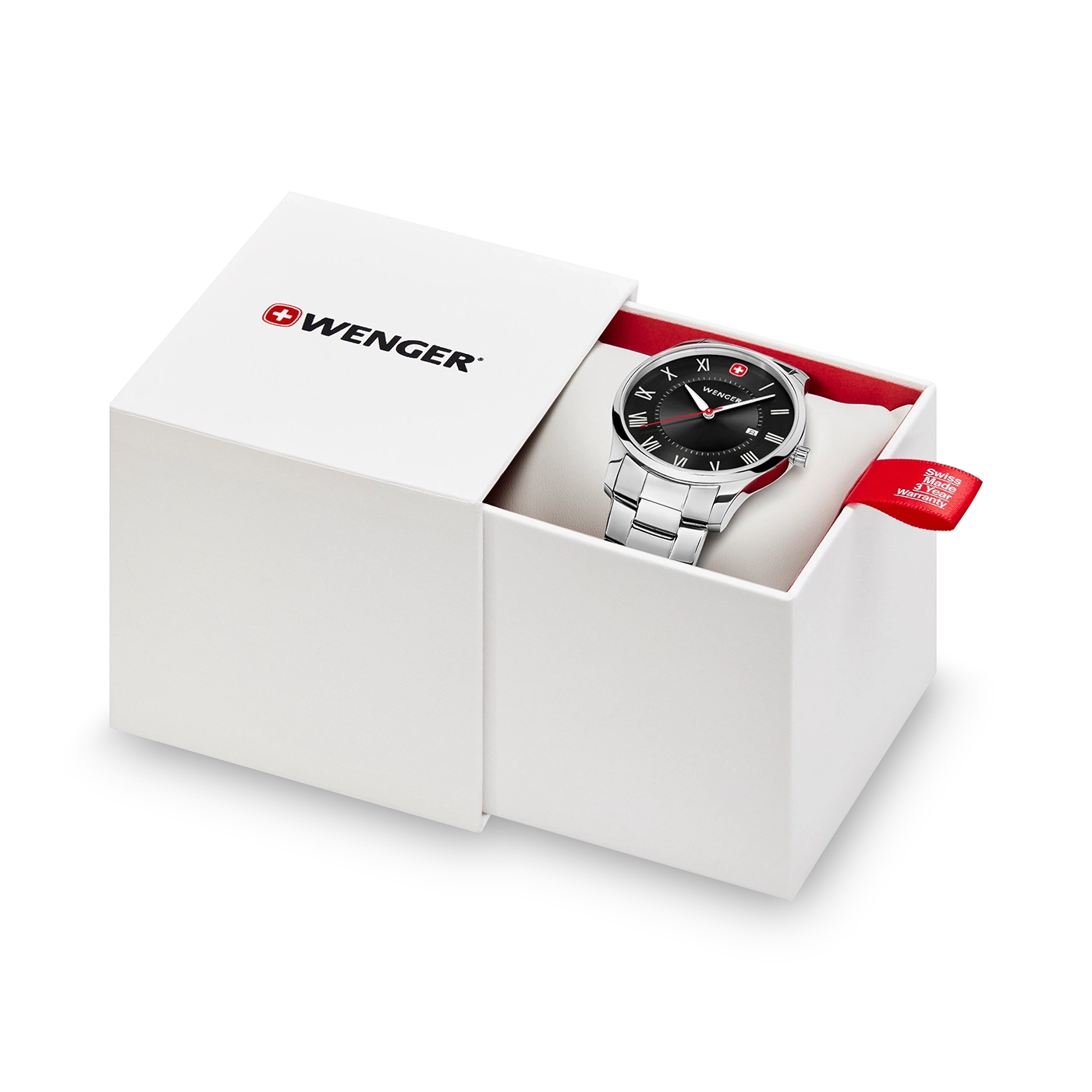 Wenger watch in a white box with red lining and warranty tag