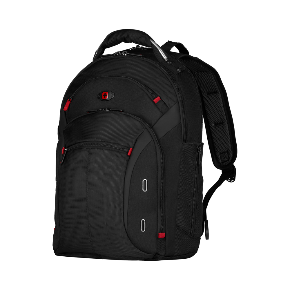 Black backpack with red accents and Swiss cross logo on a black background