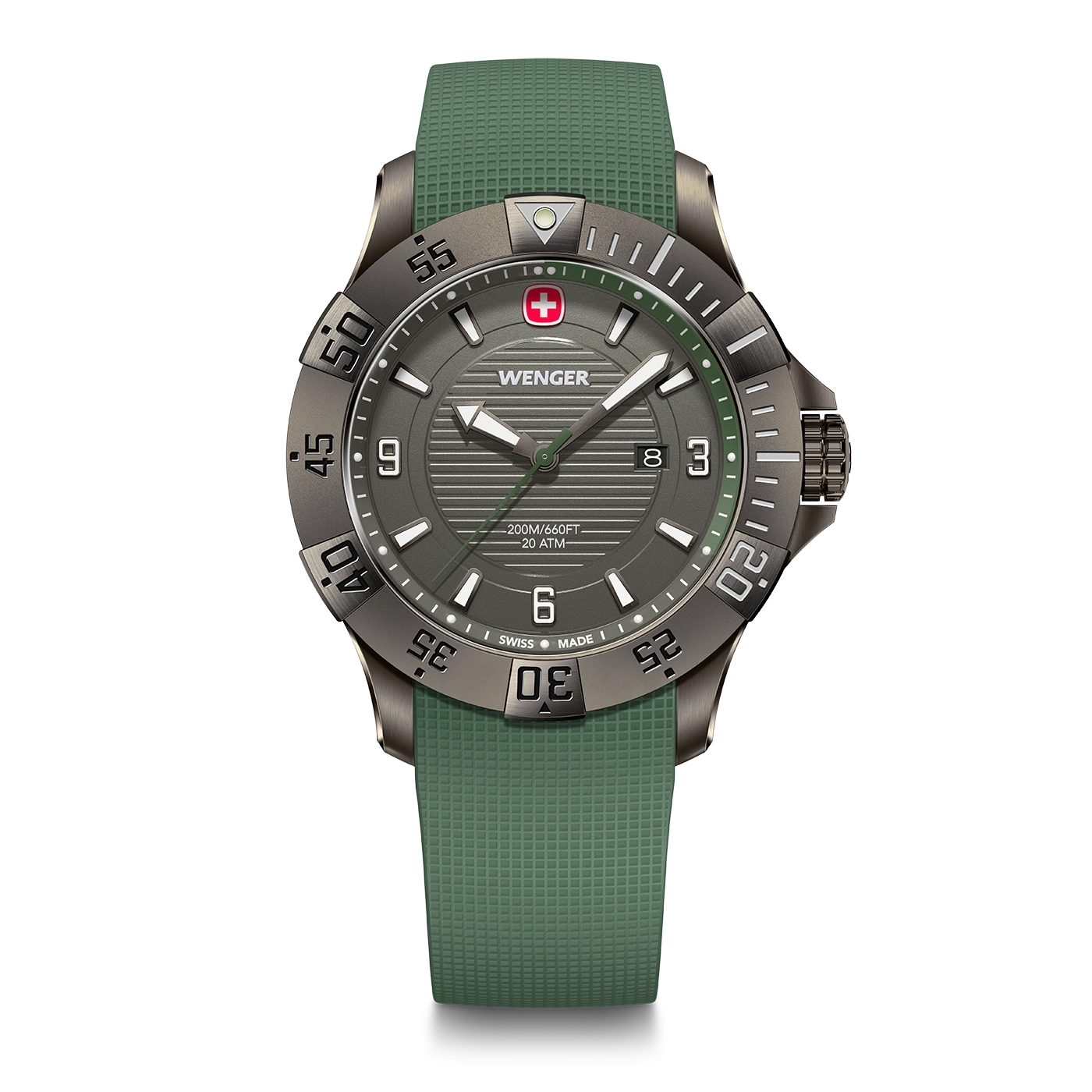 Wenger watch, green, date display, Swiss Made, 20 ATM, 200M/660FT, with a green strap.