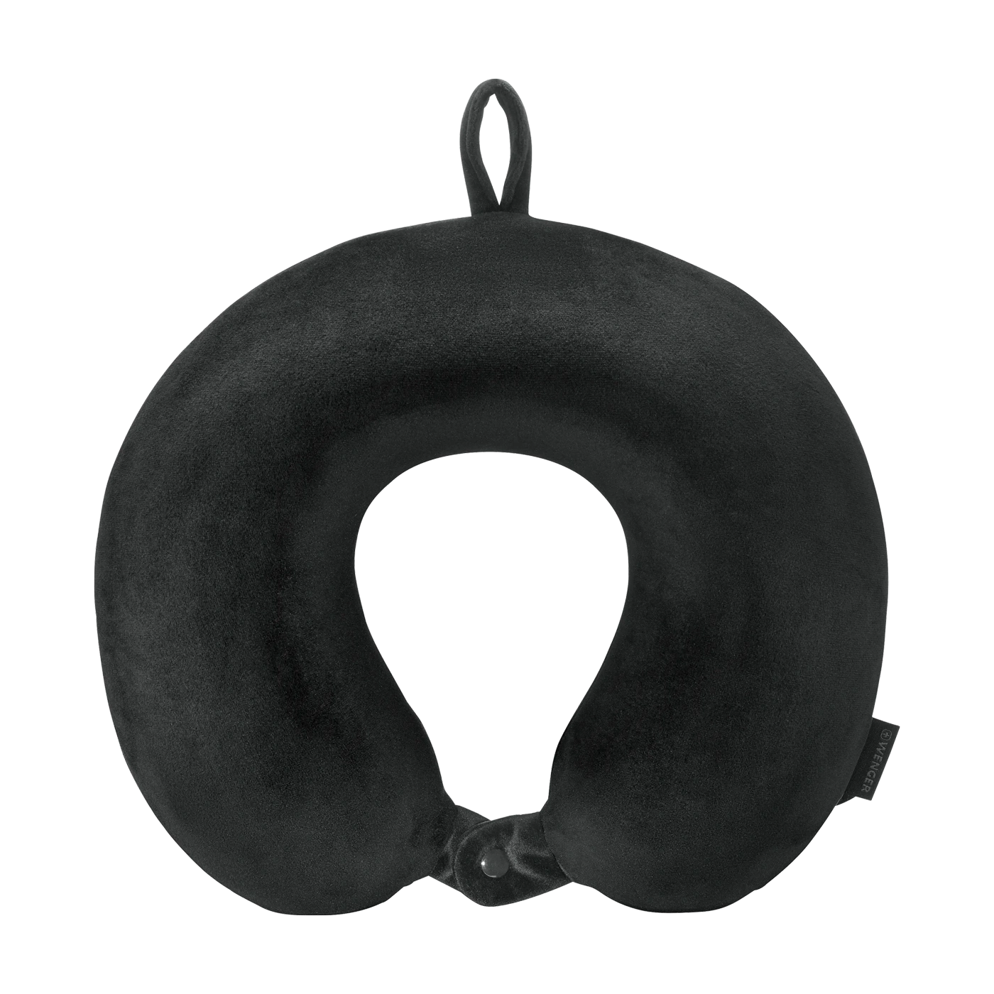 Black neck pillow, travel pillow, U-shaped, with button closure and hanging loop